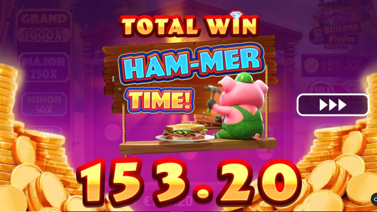 Interface colorida e temática do slot 3 Builder Piggies com os porquinhos e o lobo