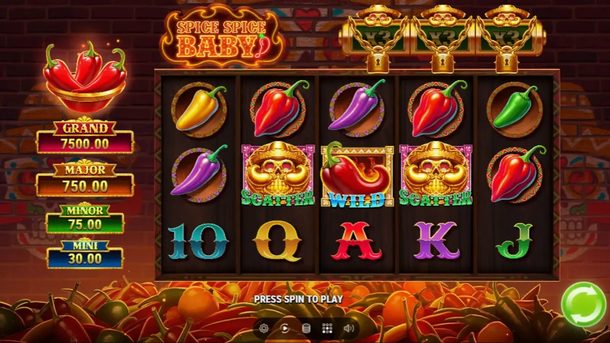 Design visual vibrante e temático do slot Spice Spice Baby com pimentas coloridas e elementos festivos mexicanos.