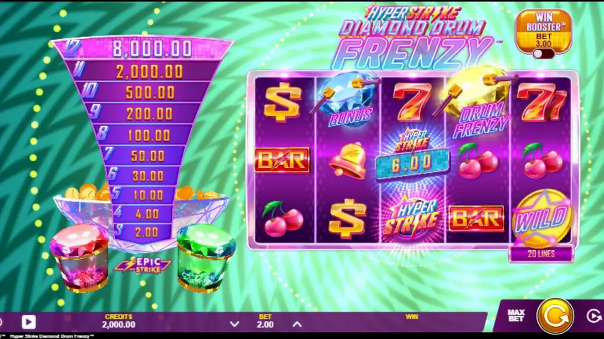 Interface vibrante do slot Hyper Strike Diamond Drum Frenzy com luzes neon e tambores dourados