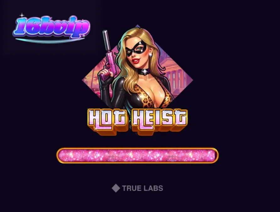 Captura de tela do jogo de caça-níqueis Hot Heist, mostrando rolos com símbolos de crime neon e uma femme fatale.