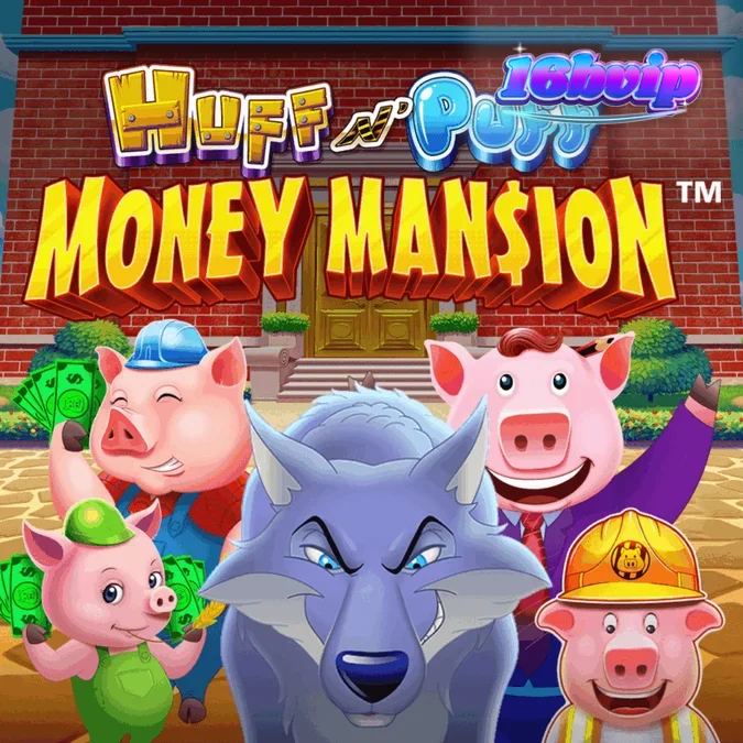 Interface de jogo do slot Huff N Puff Money Mansion com personagens de porquinhos e elementos de construção.